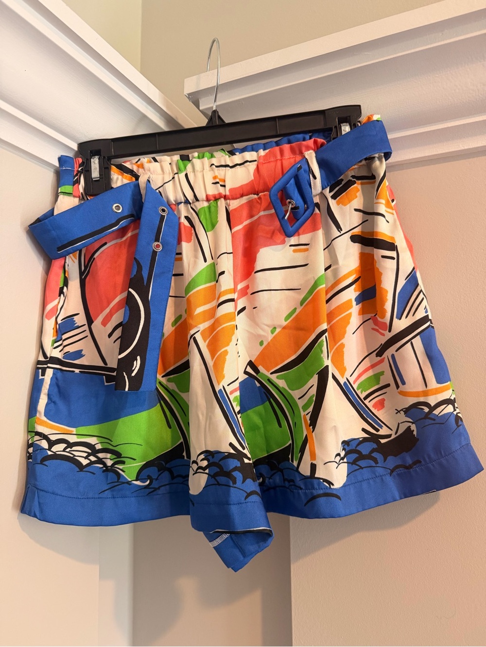 Zara Abstract Sailboat Print Belted Shorts Size S